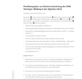 Cover und erste Seite des Positionspapier Zur Weiterentwicklung Der KMK-Strategie ‹Bildung in Der Digitalen Welt›